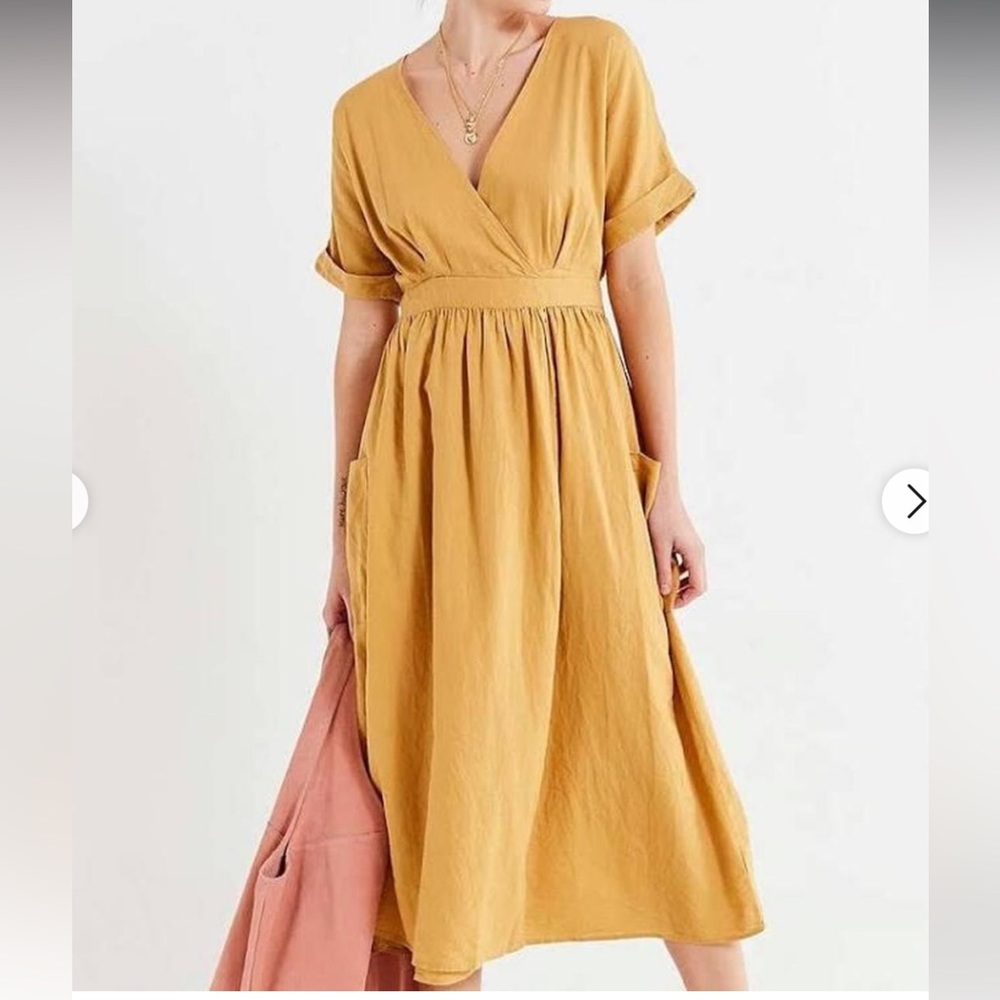 UO Mustard Yellow Gabrielle Linen Midi Wrap Dress